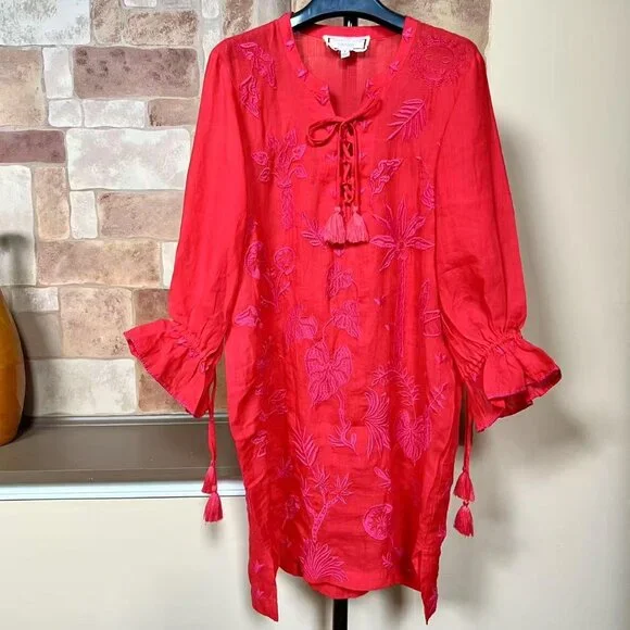 NWOT Johnny Was Ramie Embroidery Ruffles Red Luciana Tie Front Sleeve Dress XL